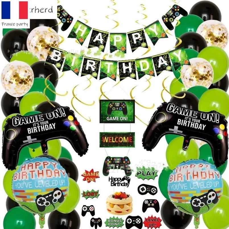

Birthday Party Decoration Video Game Party Decoration Kit Game on Theme Game Handle Cake Insert Flag Card Aluminum Foil Balloon