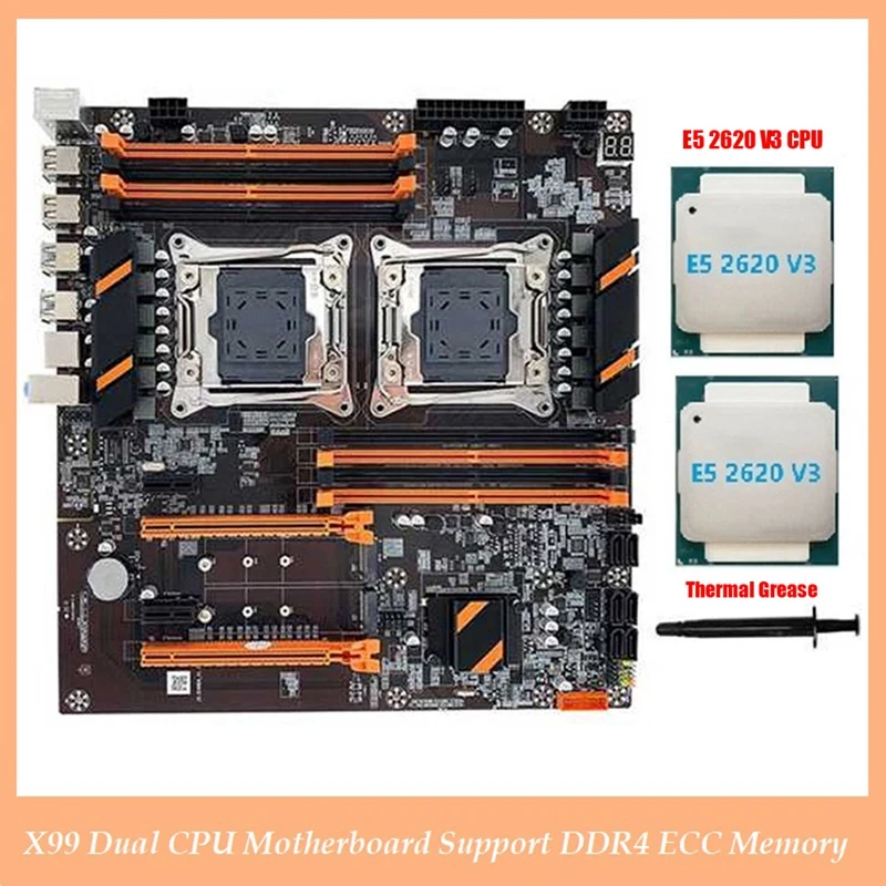 

Материнская плата X99 с двойным ЦП, поддержка LGA2011-3, поддержка ЦП DDR4 ECC, черная материнская плата + ЦП 2XE5 2620 V3 + термопаста