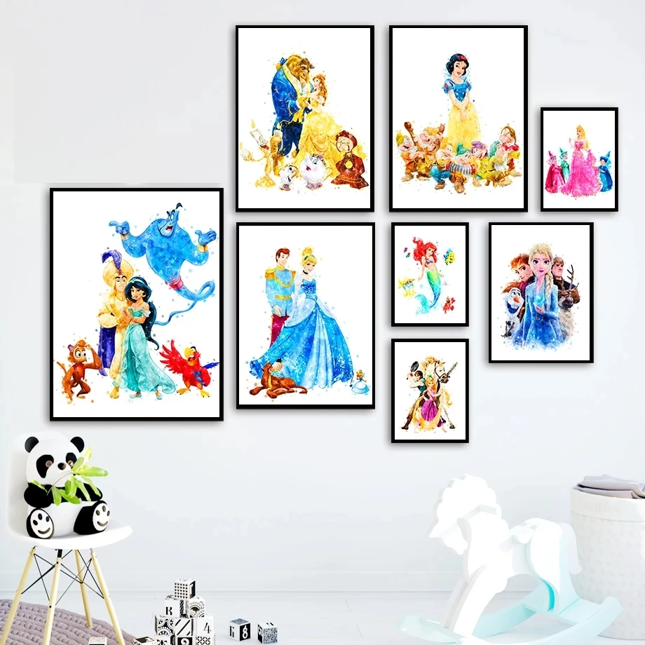 

Disney Cartoon Characters Watercolor Princess Print Wall Art Poster and Prints Canvas Painting Kids Room Decoration Home Decor