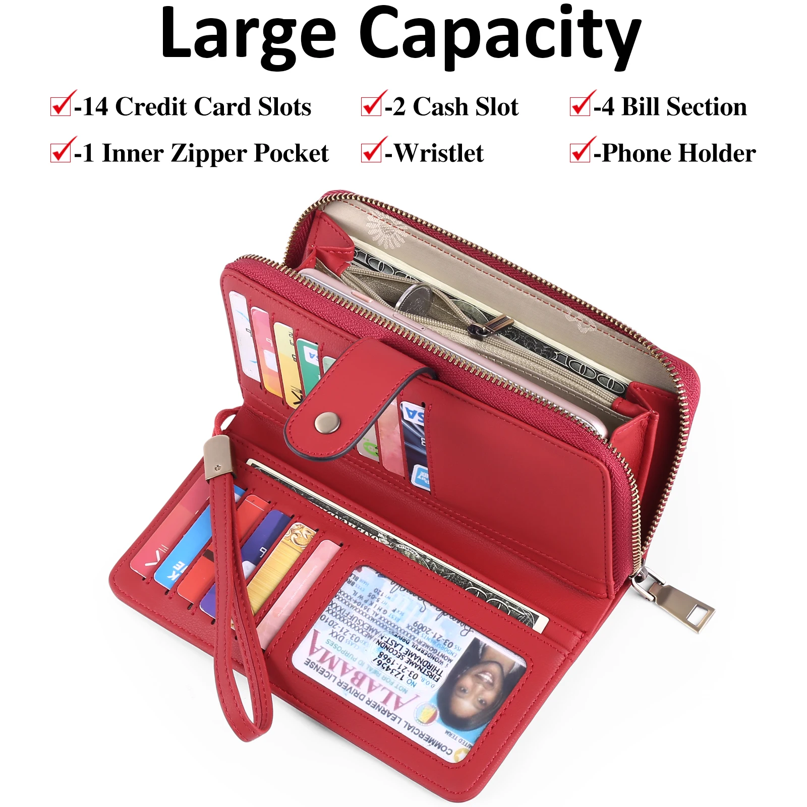 SENDEFN Long Women's Wallet RFID Anti-theft Clutch Bag PU Leather Coin Purse Zipper Wallet ID Card Holder Wrist Bag