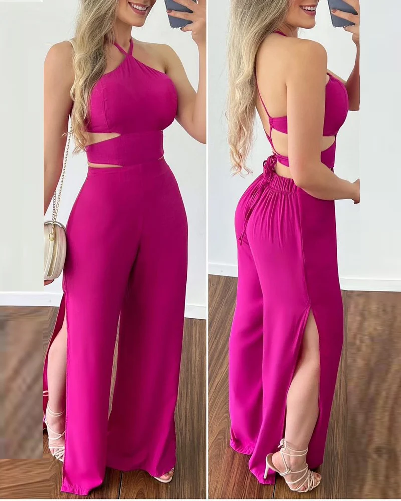 

2022 Summer Holiday Halter Cutout Tie Back Split Hem Sexy Backless Bandage Long Jumpsuit Solid Color Hater One Piece Suit Ropa