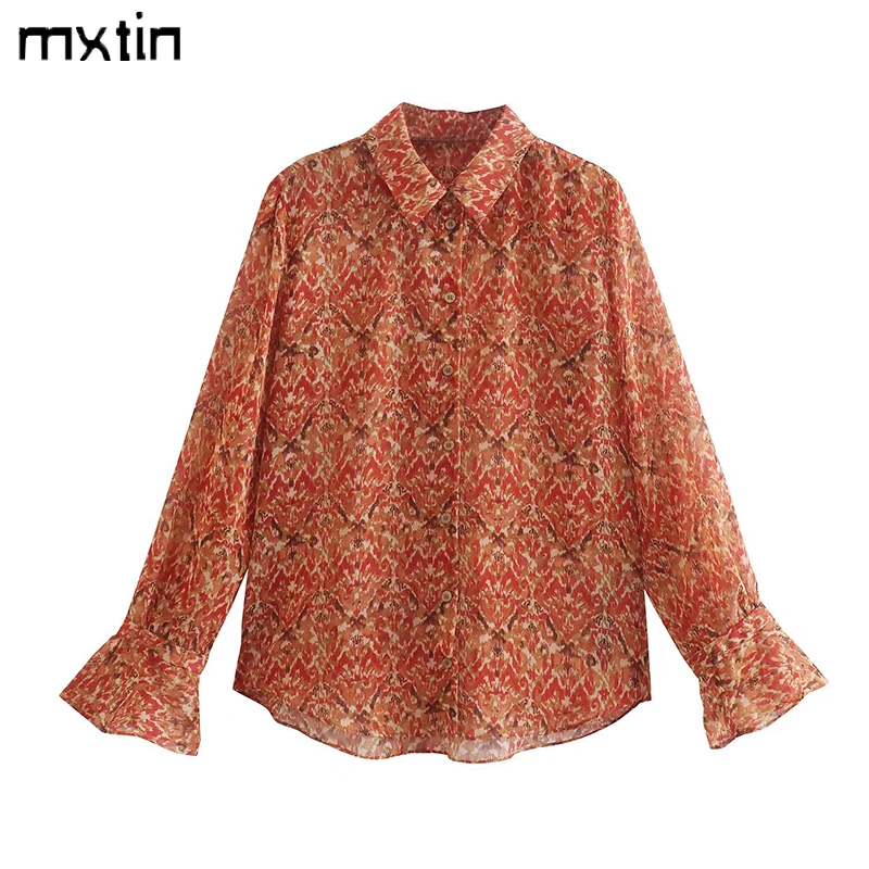 

2022 Women Spring Fashion Floral Print Single Breasted Blouses Vintage Lapel Collar Long Sleeve Female Casual Chic Tops Vestidos