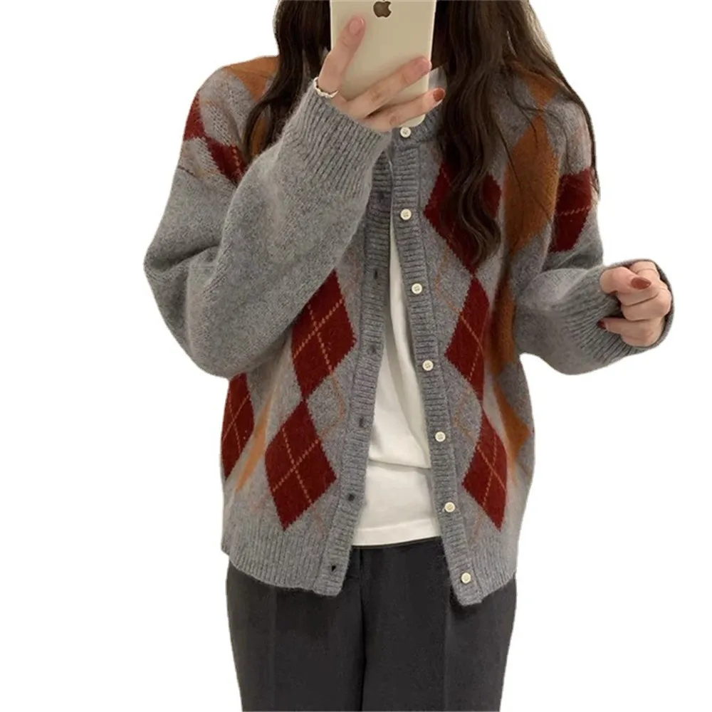 

Plaid Loose Jackets Women's Sweaters Cardigans Autumn Winter Knitted Sweater Loose Trendy Female Clothing Ladies Outerwear