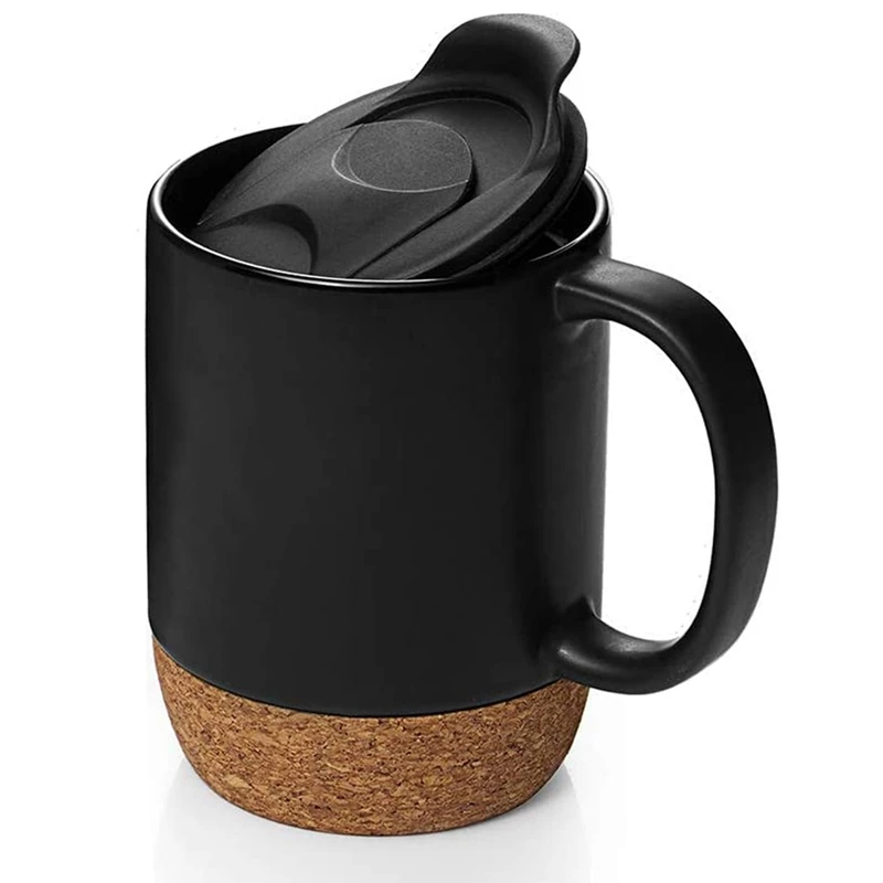 

Coffee Cup, 15 Oz Ceramic Mug with Insulated Cork Bottom and Splash Cover, Large Cup with Handle, Black
