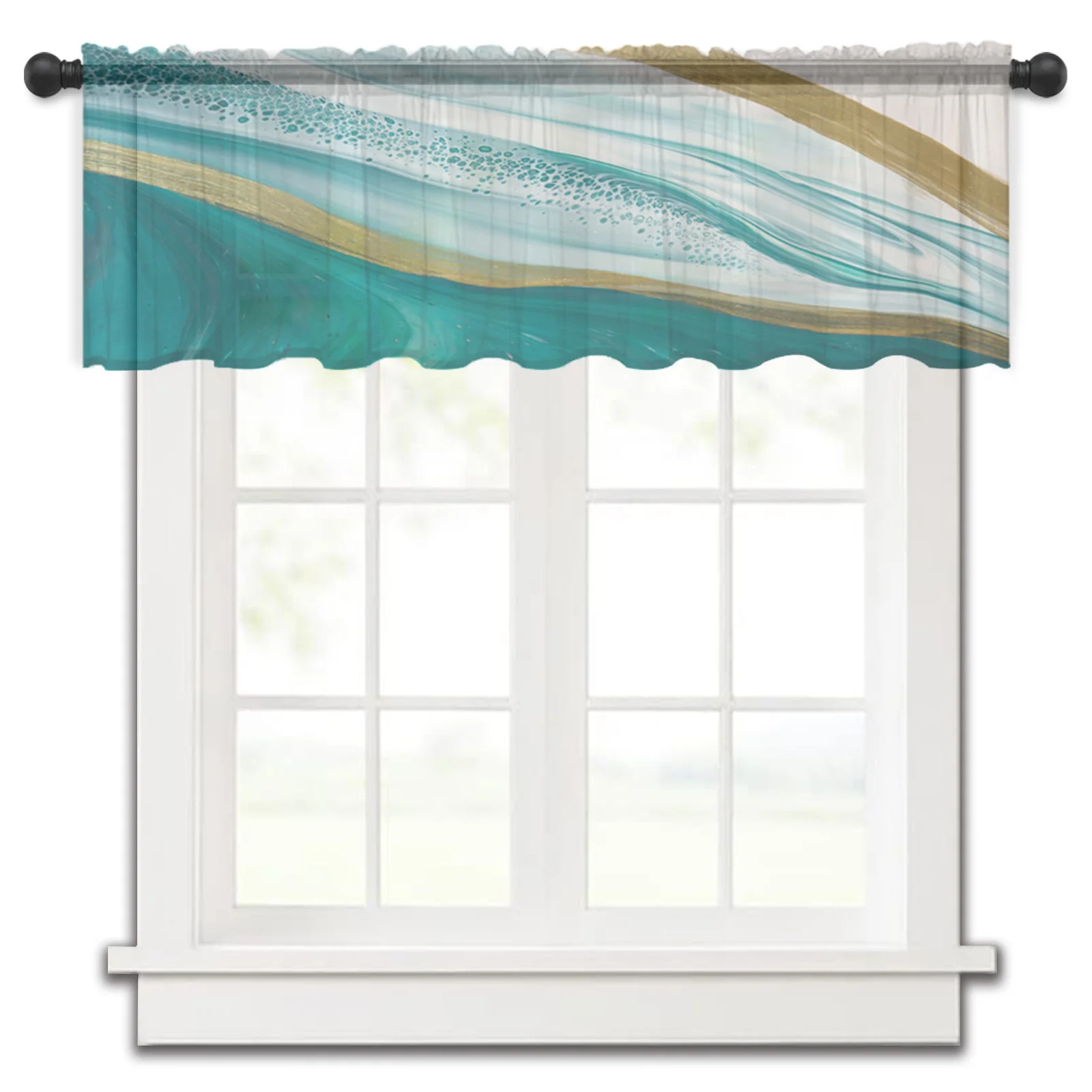 

Teal Gradient Marble Pattern Kitchen Small Window Curtain Tulle Sheer Short Curtain Bedroom Living Room Home Decor Voile Drapes