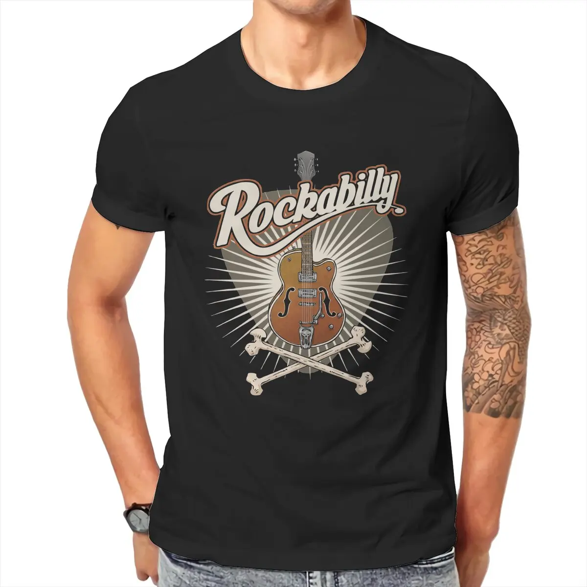 

Rockabilly Guitar T-Shirt Men Vintage Retro Dance Creative 100% Cotton Tee Shirt O Neck Short Sleeve T Shirts Printed Clothes