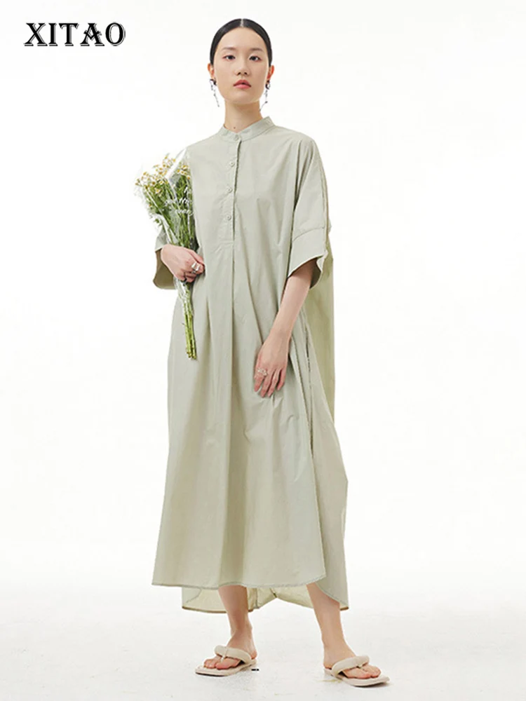 

XITAO Solid Casual Dress Women Korea 2022 Summer New Arrival Personality Fashion Loose Stand Collar Short Sleeve Dress ZY6781