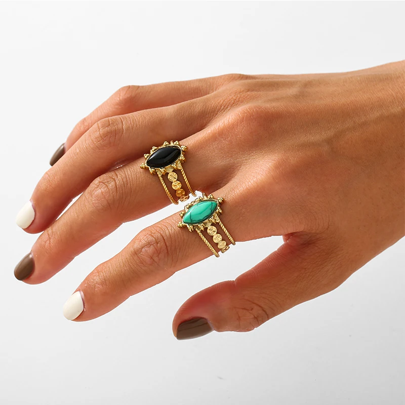 

Hollow Out Stainless Steel Natural Stone Inlay Rings for Women Trend Simple Gold Plated Opening Ring Wedding Jewelry Accessories