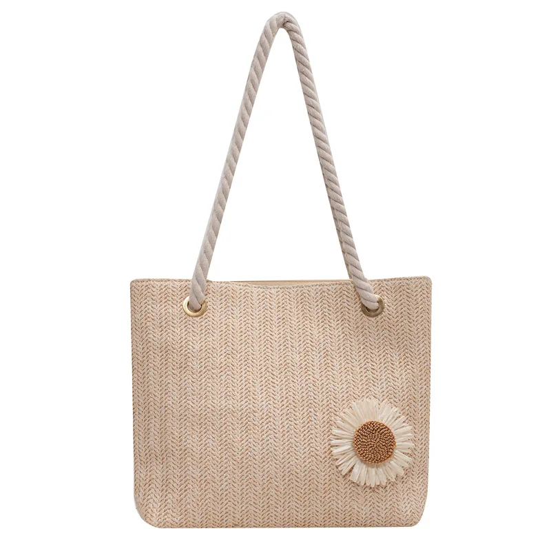 

Women's Straw Weave Casual Tote Bag Ladies 2022 Summer Large Capacity Shoulder Bag Female Retro Flower Handmade Beach Handbags