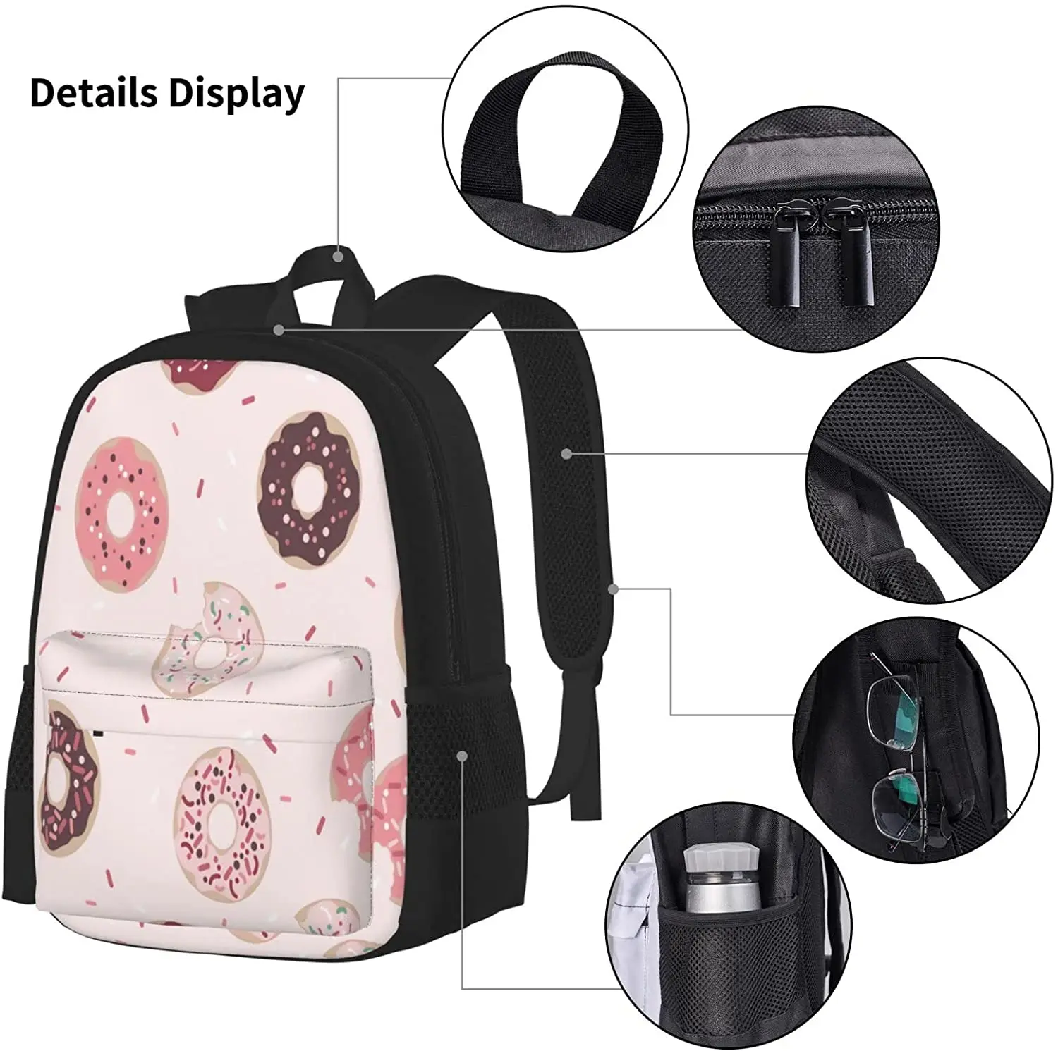 Kid School Backpack Kawaii Sweet Donuts Schoolbag Travel Bag Casual Daypack Lunch Bag Pencil Case for Boys Teens Girls 3pcs Sets