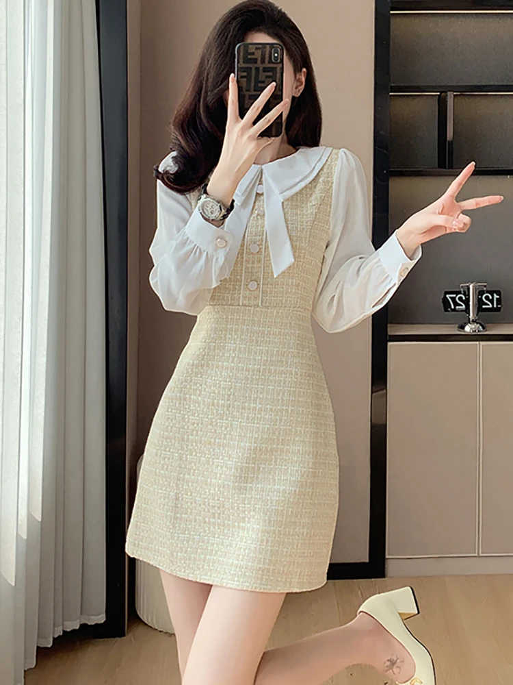 2024 клетчатое лоскутное платье-поло с воротником-поло осенне-зимнее Элегантное