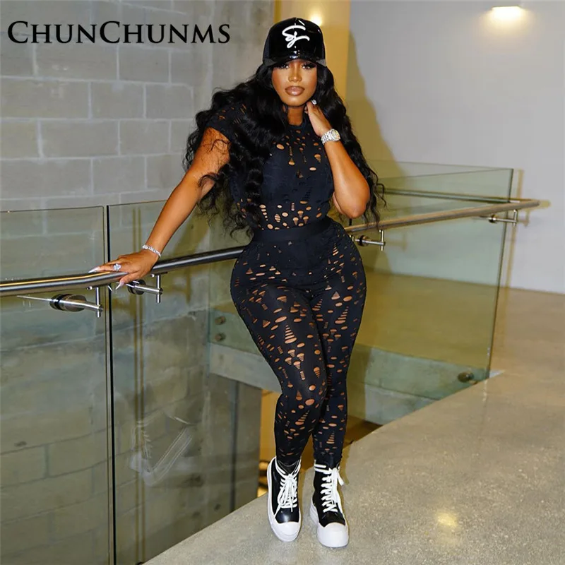 

Sexy Hollow Out Hole Stretch Sport 2 Piece Matching Suit For Women 2022 Summer Tights T-shirt Capris Long Pant Fitness Tracksuit