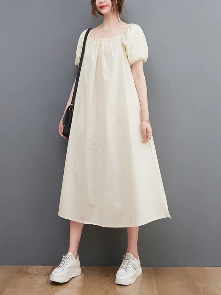 

New Summer Dresses for Women 2023 Solid Square Neck Long Dresses LOOSE Streetwear Oversized Women Clothing Robe Vintage Dress