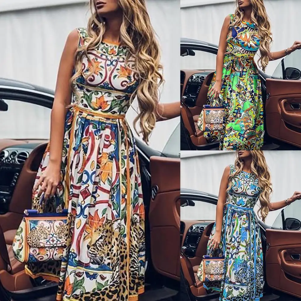 

Women Dress O Neck Vintage Summer Sleeveless Loose Sundress Bohemian Floral Print Beach Maxi Lady Vestidos платье женское