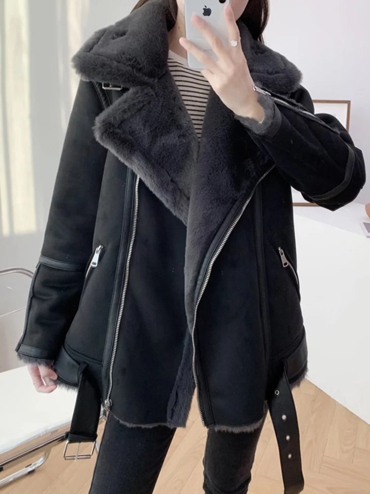 Ailegogo New Autumn Winter Women Loose Faux Suede Leather Soft Fur Jacket with Belt Moto Biker Female Thick Warm Coat Outwear
