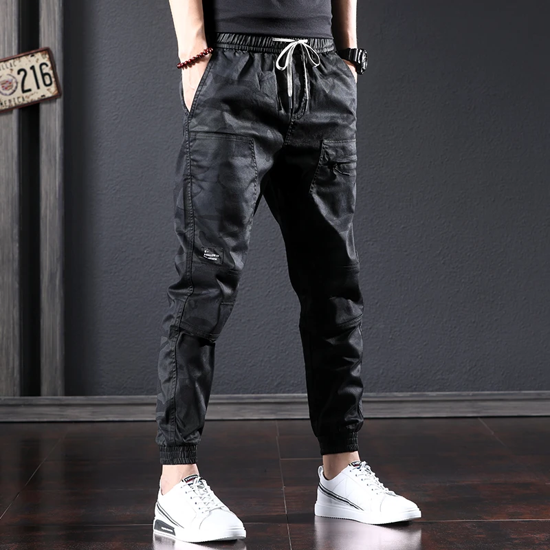 

Black Camouflage Pants Men Casual Cargo Pencil Pants Fashion Elastic Waist Drawstring Trousers CP2172