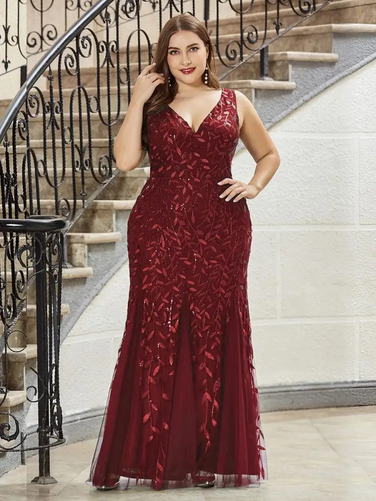 

Plus Size Evening Dresses 2022 Ever Pretty Sequin Sleeveless Plants Detail Mesh Prom Dress for Women Elegant Pary Gowns