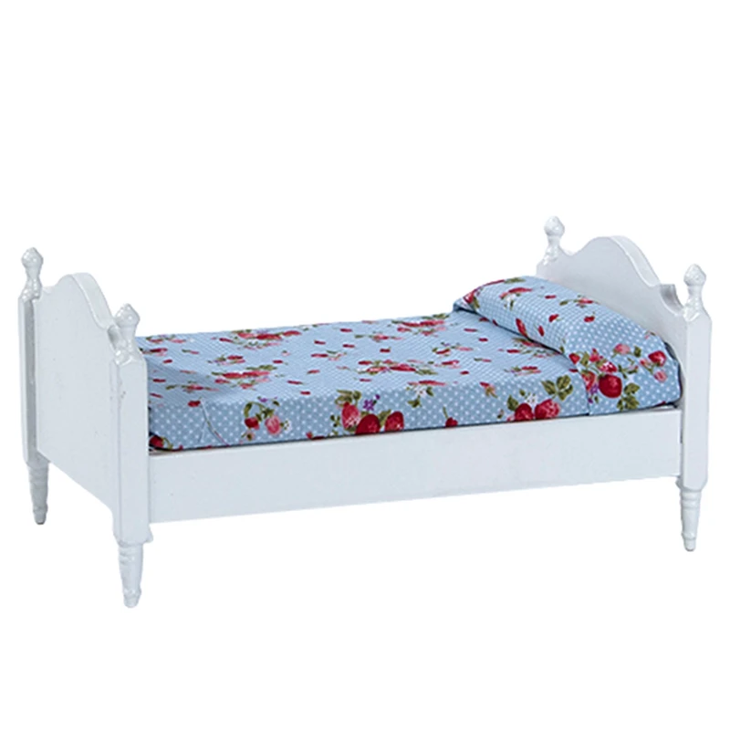 

Doll House Mini Furniture Bedroom Mini Scene Model Wooden Fabric Double Bed