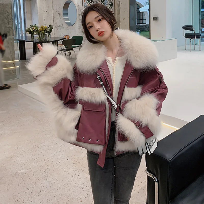 Women Leather Jackets Real Fox Fur Parka Coats Luxury Natural Fur Collar Sheepskin Overcoats 2022 Winter Warm Streetwear XM3644