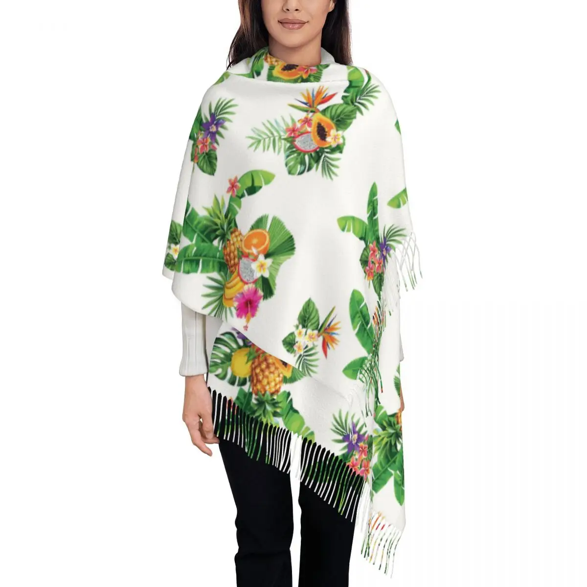 

Tropical Summer Bouquet Palm Leaves Exotic Flowers Women's Tassel Shawl Scarf Fashion Scarf