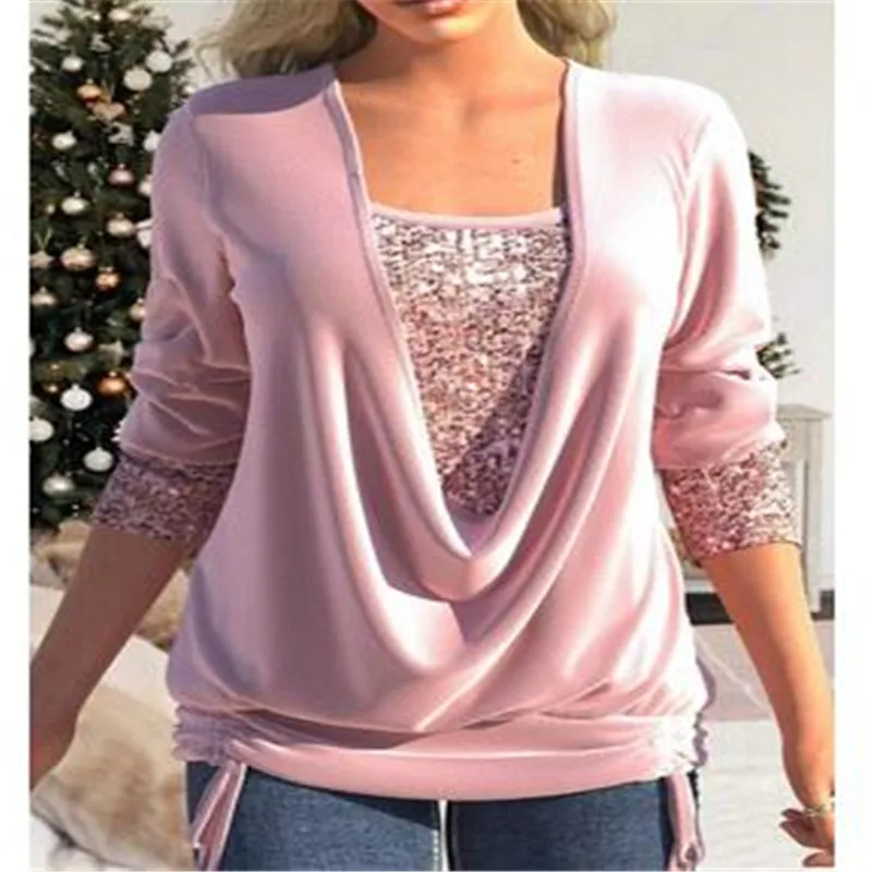 

2023 Elegant Women V Neck Sequins Blouse Lady Streetwear Patchwork Solid Slim Shirt Blusa Spring Autumn Long Sleeve Pullover Top