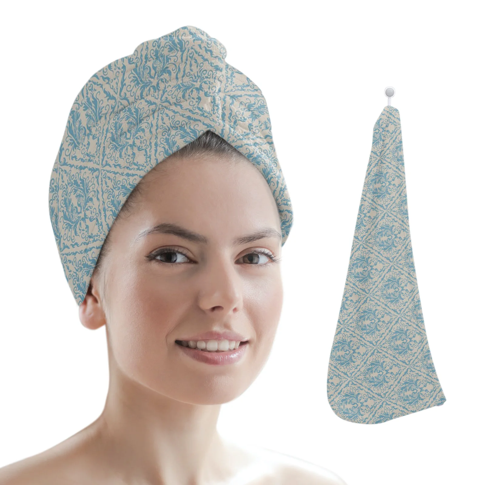 

Flower Cluster Blue Retro Style Microfiber Quick Dry Hair Towel Bathroom Hair Towel for Woman Absorbent Hair Care Cap