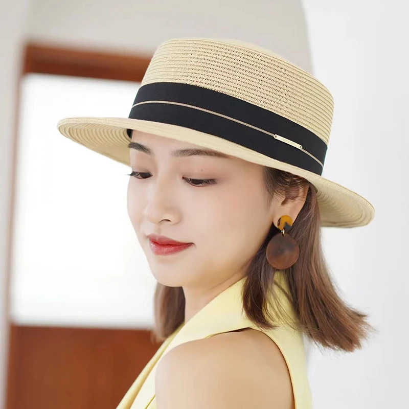 

Wholesale Wide Brim Straw Hat For Women Flat Top Bow Ladies Beach Hats Fashion Dress Up Luxury Summer Sun Visor Caps