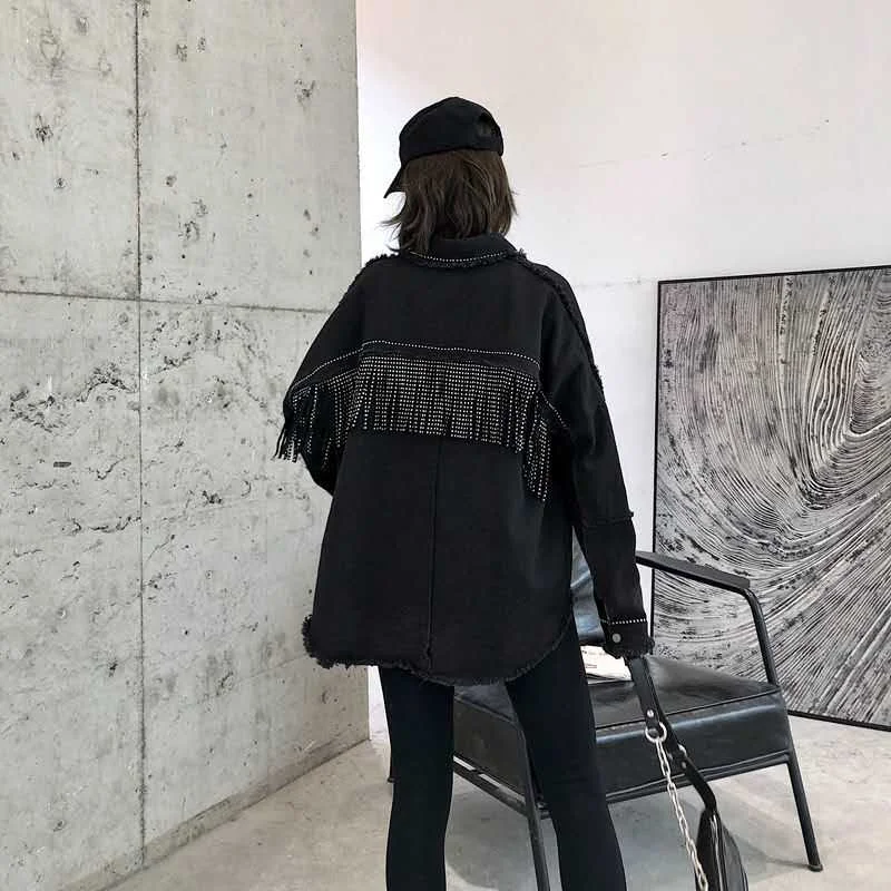 NEW Women's Black Fringe Decorative Jacket Autumn Hot Drilling Raw Edge Long Sleeve Lapel Slim Casual Street Coat Female S-2XL