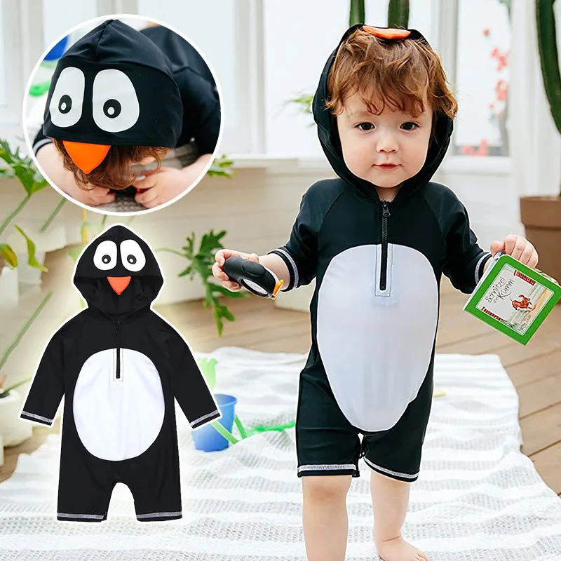 

Long-sleeved Kids Swimwear One-Piece Black Little Penguin Hooded Toddler Boys Swimsuit Quick Dry Cute Swimming Clothes