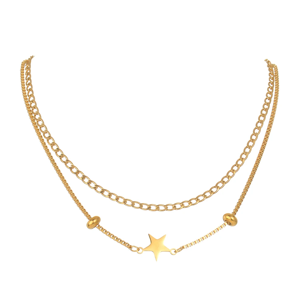 Women 2 Layer Choker Necklace Gold Color Chain Star Bead Pendant Stainless Steel Fashion Jewelry