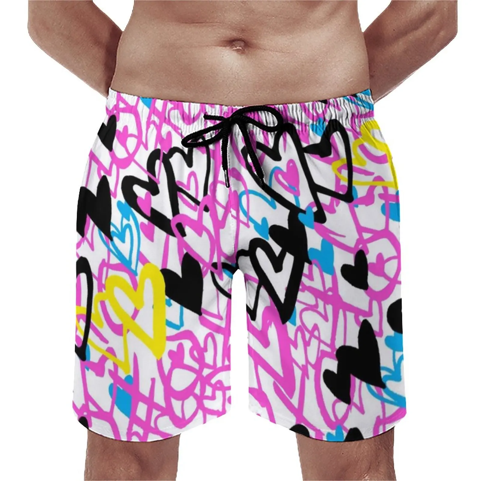 

Nordic Lines Print Board Shorts Summer Graffiti Hearts Running Surf Beach Short Pants Men Fast Dry Cute Plus Size Swim Trunks