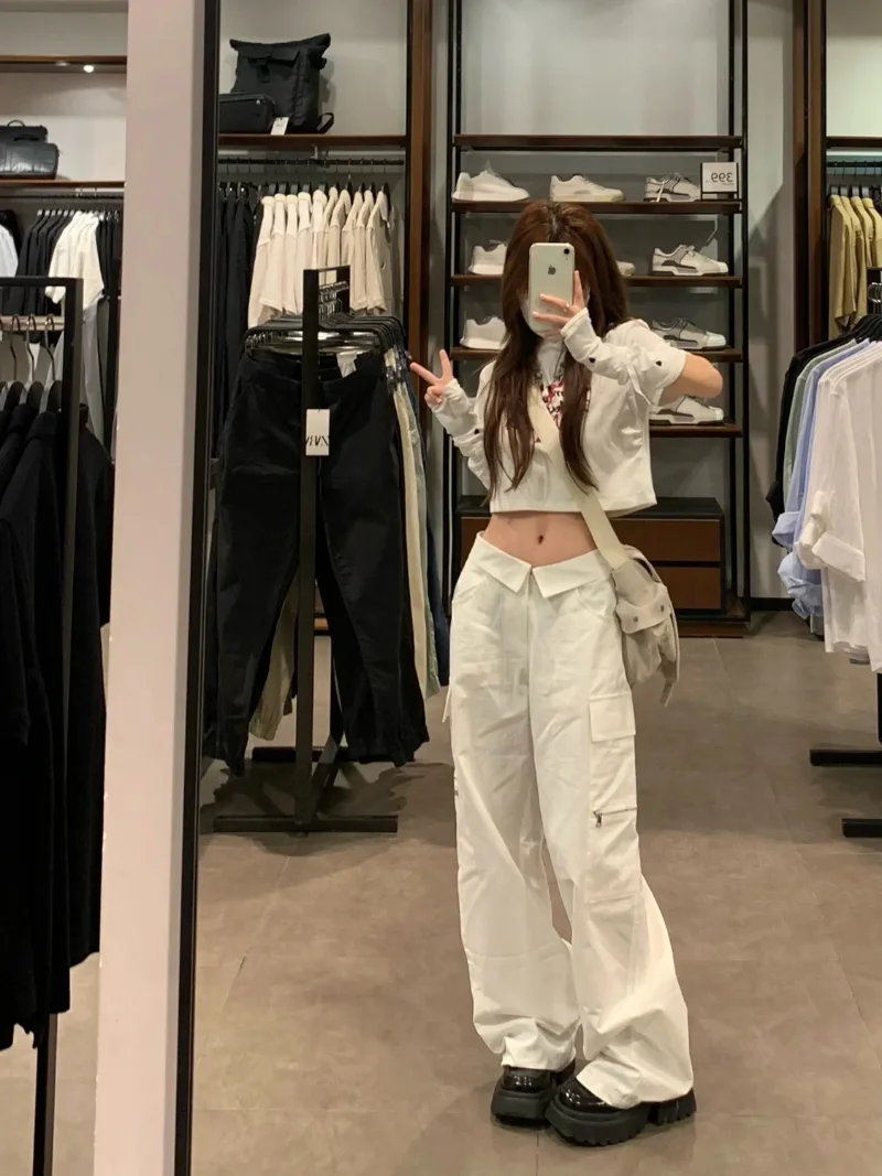 

Cuffed Washed White Cargo Pants Retro High Waist Loose Wide Leg Pants Women Jeans American Style Hot Girl Casual Straight Pants