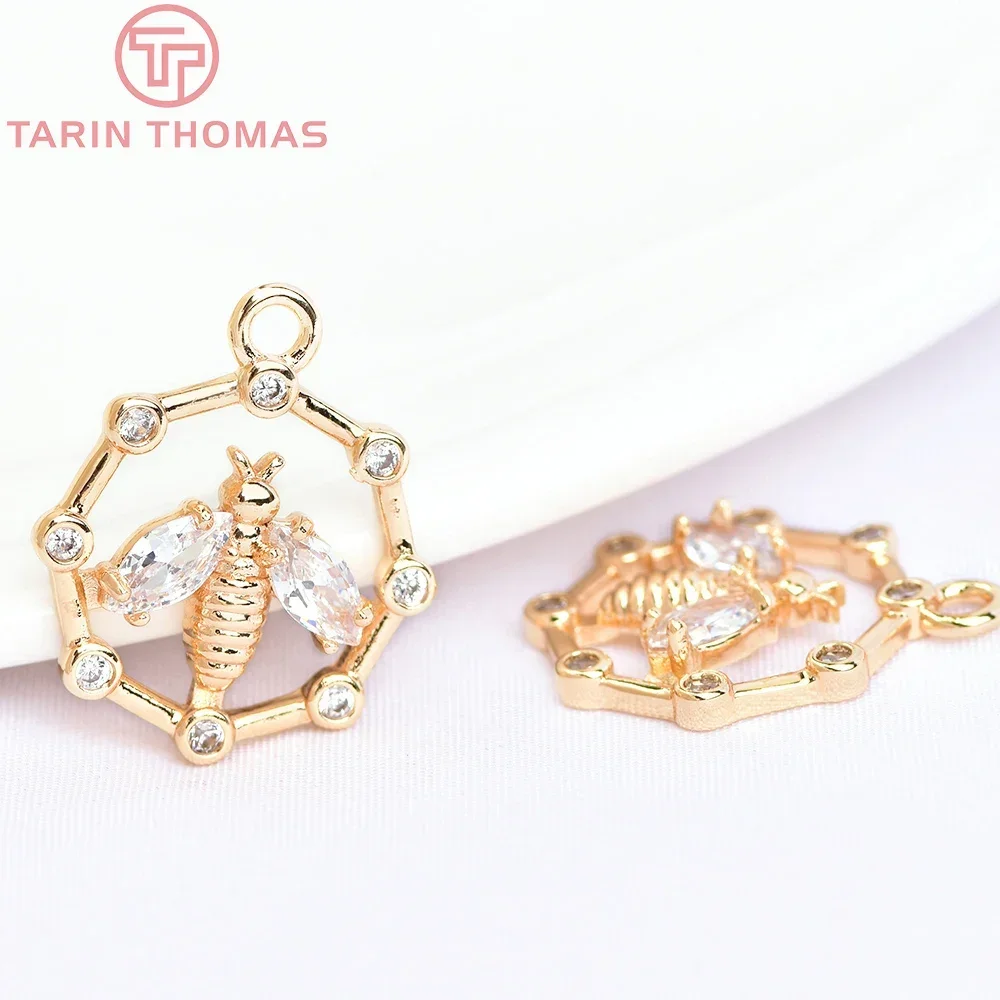 (5994) 4 шт. 16 мм 24-каратное золото латунь с цирконом подвески в форме пчелы высокое