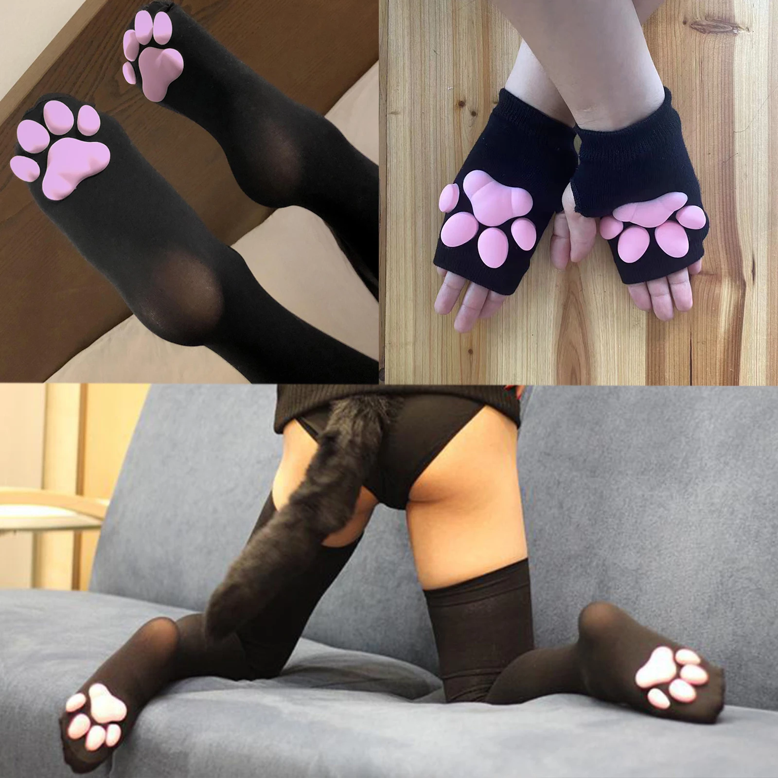 

Women's Cute Kawaii Cartoon Cat Paw Pad Gloves 3D Kitten Claw Thigh High Socks and Short Gloves Set Lolita Cosplay Costumes