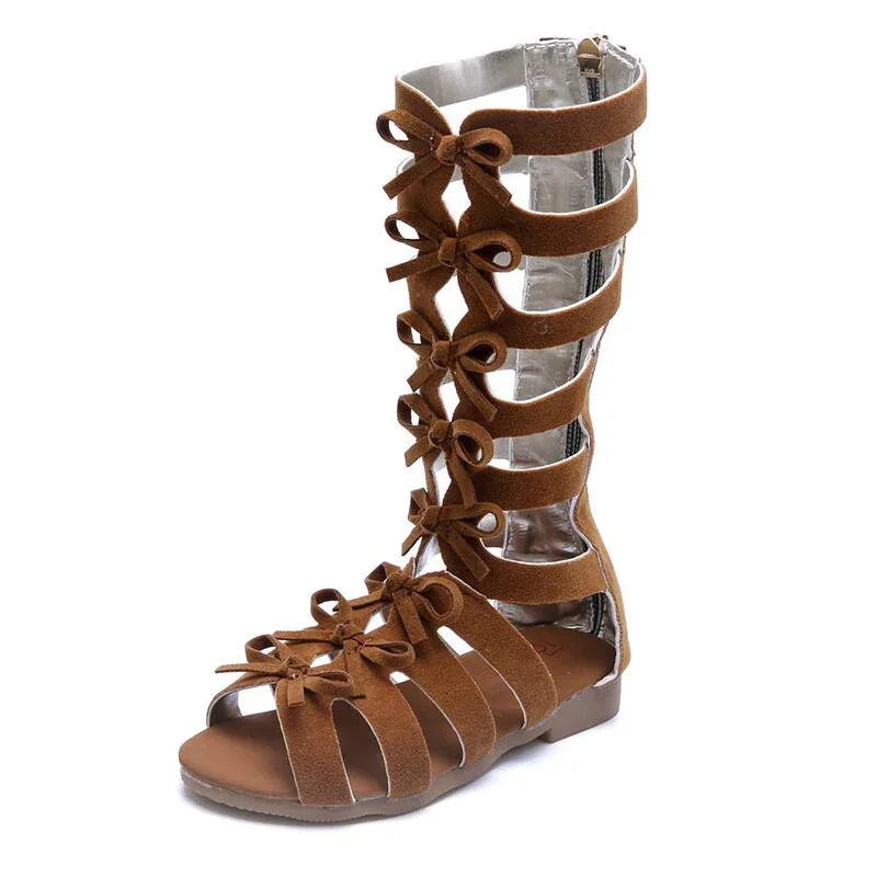 

Small Cute Bowtie Girls Sandals Summer Knee High Shoes Back Zip Gladiator Sandals Size 26-35