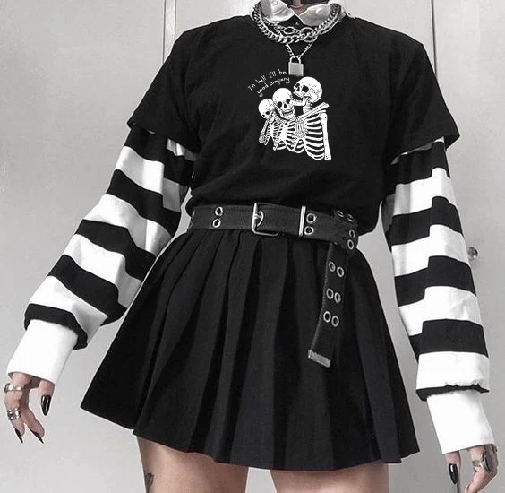 

2022 Women T Shirt In Hell I'll Be In Good Company Punk Letter Print Harajuku Skeleton Gothic Streetwear Top Casual Loose Tshirt