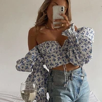 blue floral print women clothes retro front top and blouses shirts off shoulder puff sleeve elegant vintage sexy tops chic2022