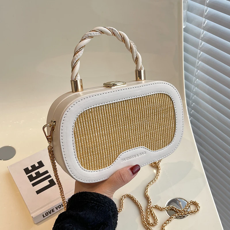 

Fashion Box Bags Short Handle Women 2022 Summer Straw with PU Leather Women Designer Handbag Luxury Brand Shoulder Messenger Bag