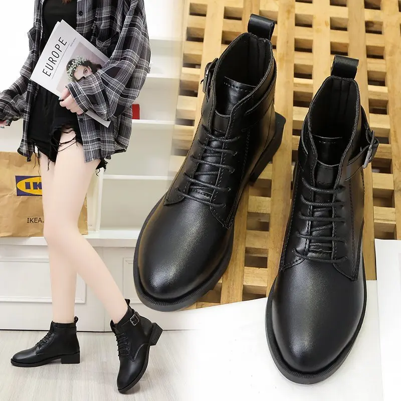 Botas Women Motorcycle Ankle Boots Wedges Female Lace Up Platforms winter Black Leather Oxford Shoes Woman 2022 Botas Mujer