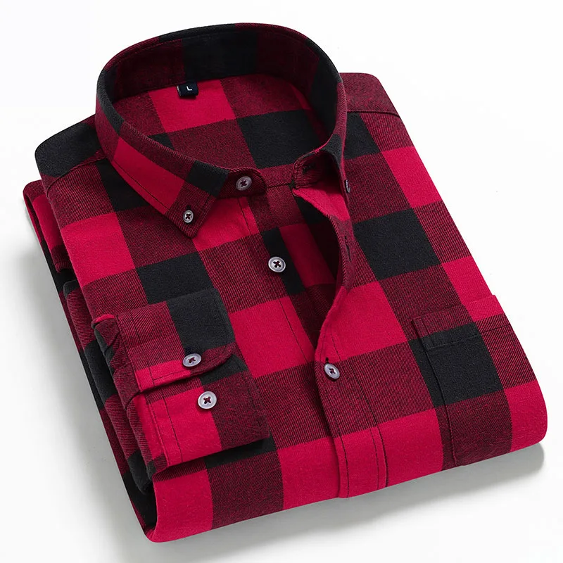 

Red Plaid Flannel Shirt Men 2023 New Spring Long Sleeve 100% Cotton Shirts Coat Business Social Mens Clothes Camisa Masculina