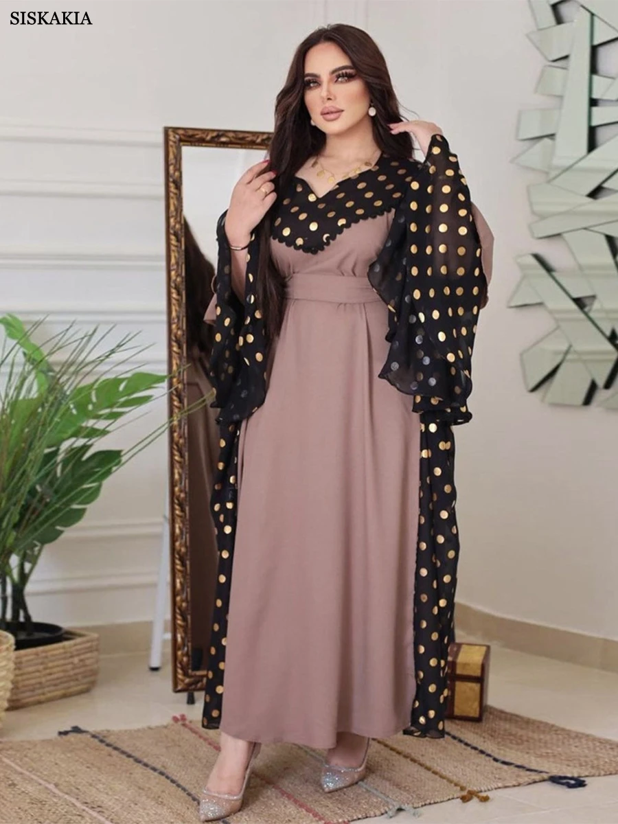 

Siskakia Polka Dot Gold Stamping Trumpet Sleeve Long Dress Fashion Contrast Stitching Middle East Muslim Belted Robe Women 2023