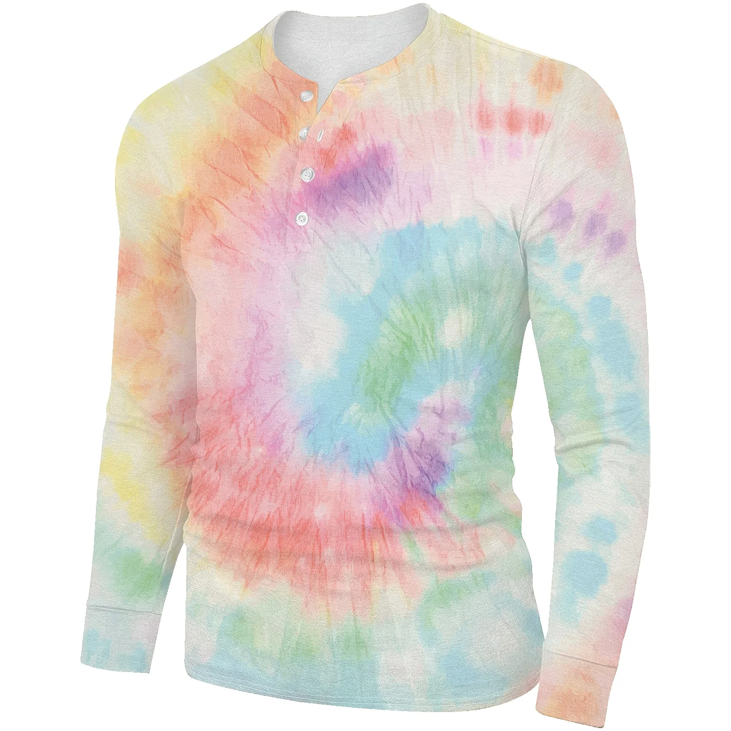 

Long Straight Henley Collar Long Sleeve Autumn and Winter Tough Guy Open Placket Tie Dye Colorful Casual Slim Bottoming Shirt