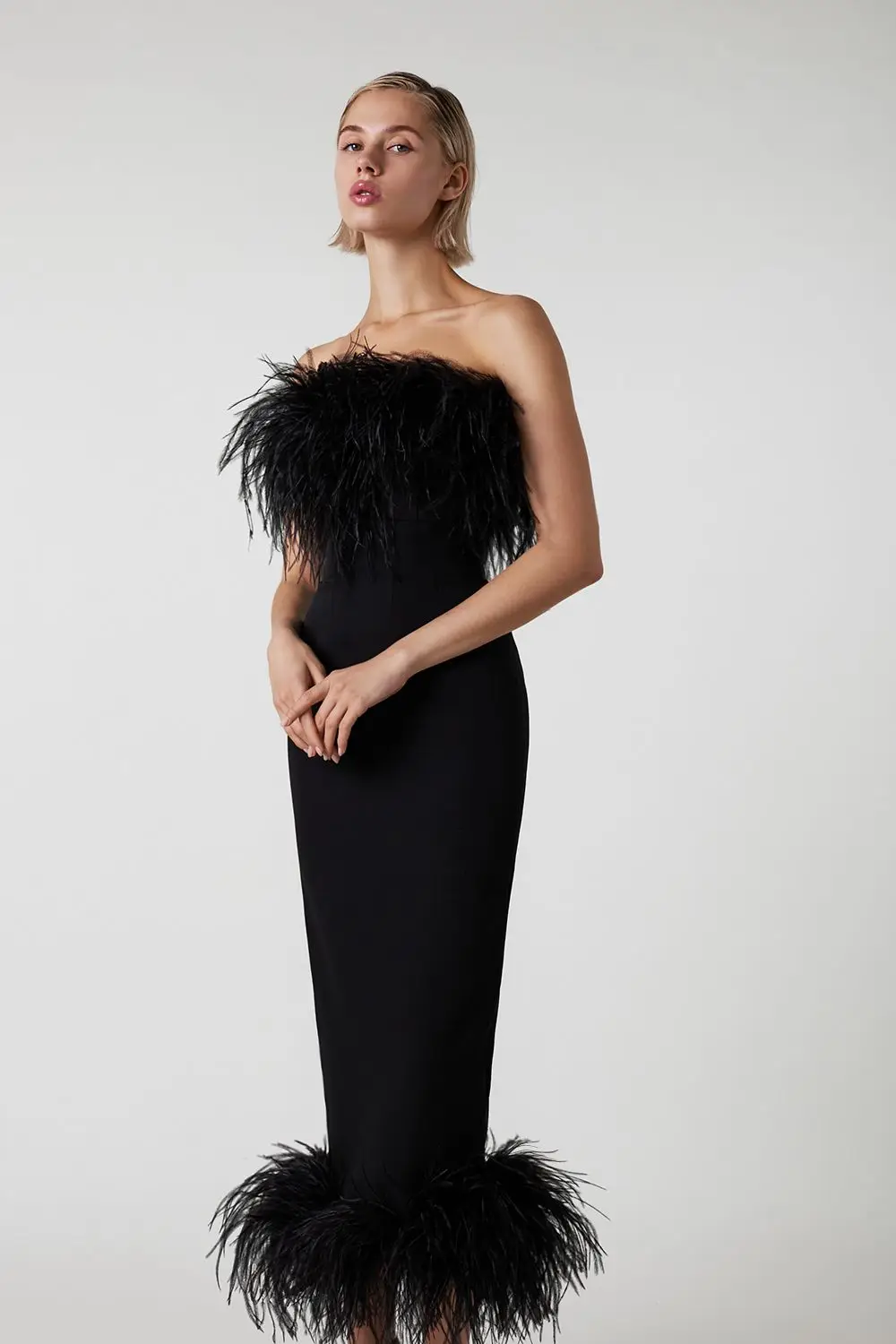 

Вечерние Элегантные Роскошные атмосферные облегающие черные платья до щиколотки из страусиного меха