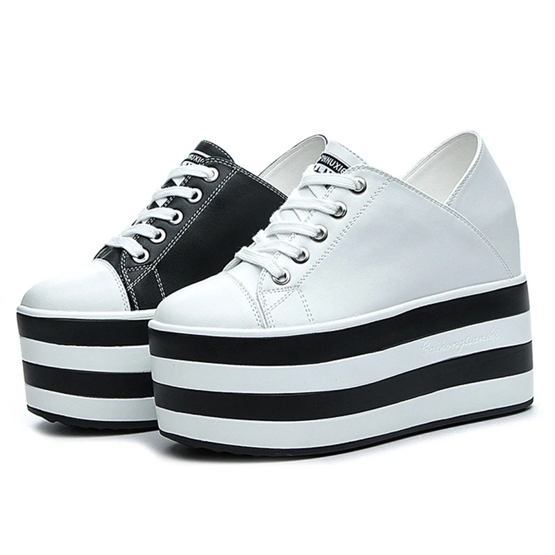 2023 Fashion New Genuine Leather 12cm Chunky Sneakers Wedge Platform Lace Breathable Heels Shoes Vulcanized Summer Females Shoes