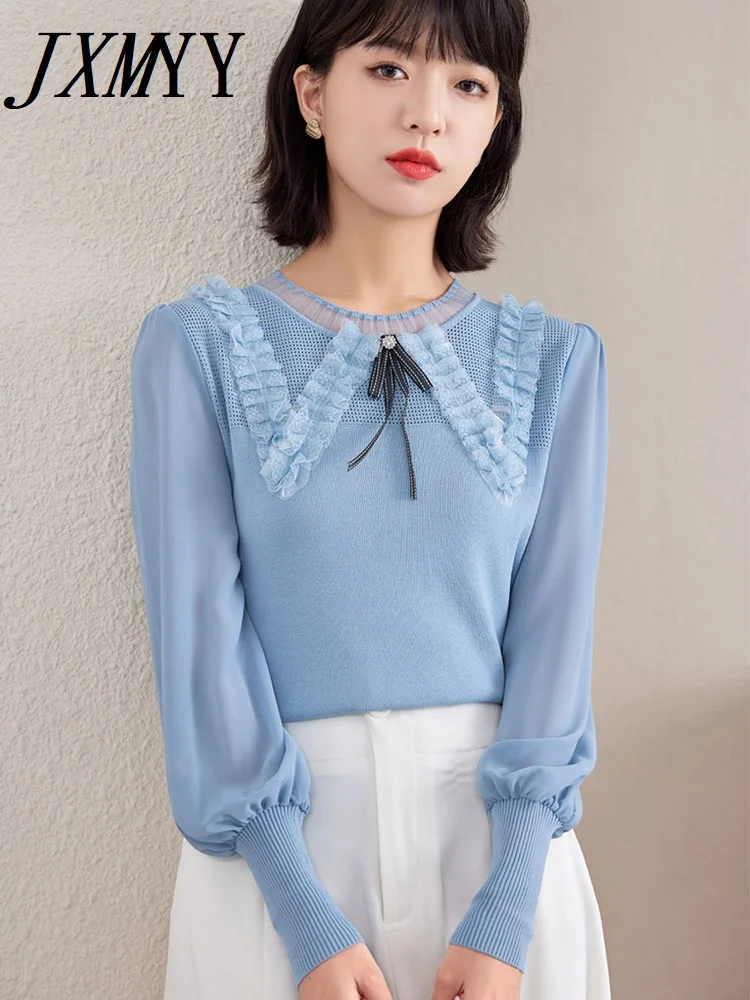 

JXMYY модный и элегантный темпераментный Вязаный топ с круглым вырезом Осень 2022 Новый женский шифоновый вязаный свитер с рукавами