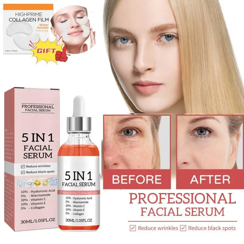 

5 In 1 Face Serum Moisturizing Whitening Anti Wrinkle Aging Hyaluronic Acid Facial Serum Shrink Pores Skin Care Get Gift Free