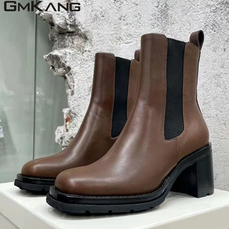 

Square Heel Chelsea Boots Women Pointed Toe Genuine Leather Mid Calf Boots Woman Chunky Heel Runway Shoes Women Femmes Bottes
