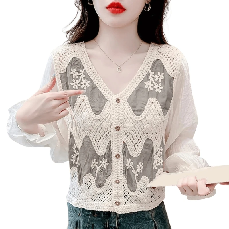 Женский укороченный топ на пуговицах из шифона с пышными рукавами и вязаным