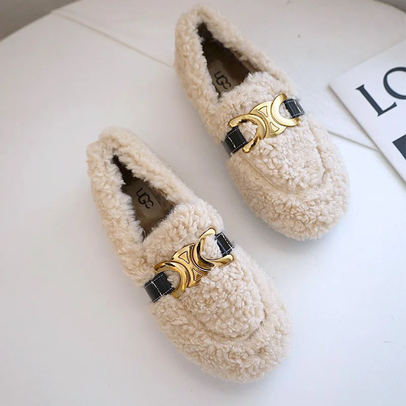 

Teddy Bear Fur Shoes Women's Fall/winter 2022 New Style Outer Wear Plus Velvet Warmth One-step Lamb Hair Flat Peas Shoes