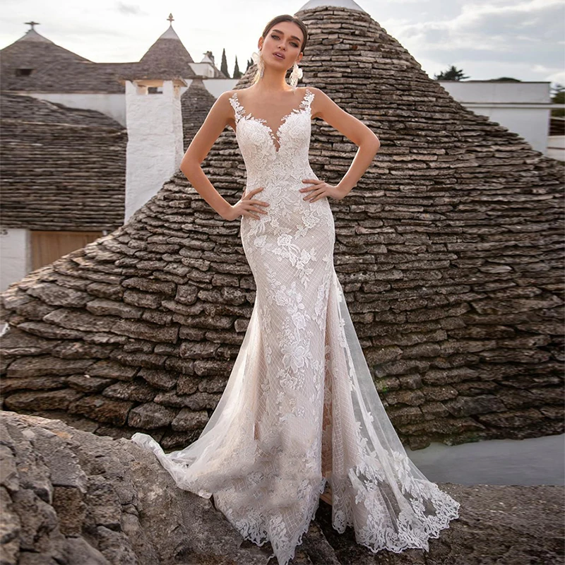 

Изысканное свадебное платье с кружевной аппликацией и глубоким круглым вырезом, свадебные платья без рукавов с юбкой-годе, свадебное платье, тюль Vestido De Noiva
